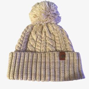 Frye & Co. Women's Cable Knit Cuffed Pompom Beanie in Steel Cut Oats (color) NWT